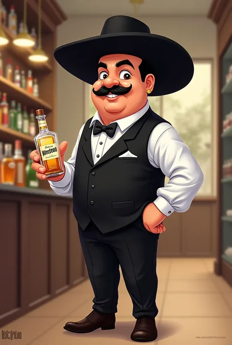 I want you to design a Quito-Euador chullita, to be the mascot of a liquor store and it must be a man with a mustache and a black suit vest, a black hat, black cloth pants, White shirt, It must be very elegant and shoes. This Quito chullita must be encoura...