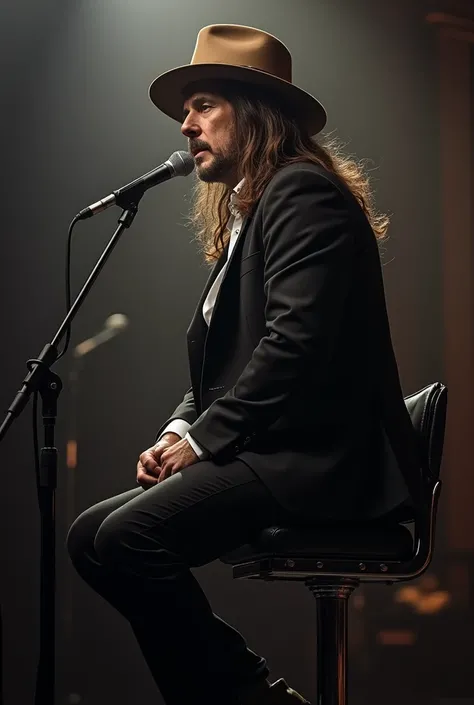 Create a portrait of a long-haired man in a formal hat and jacket.A man sings into a microphone while sitting on a high bar stool on stage.