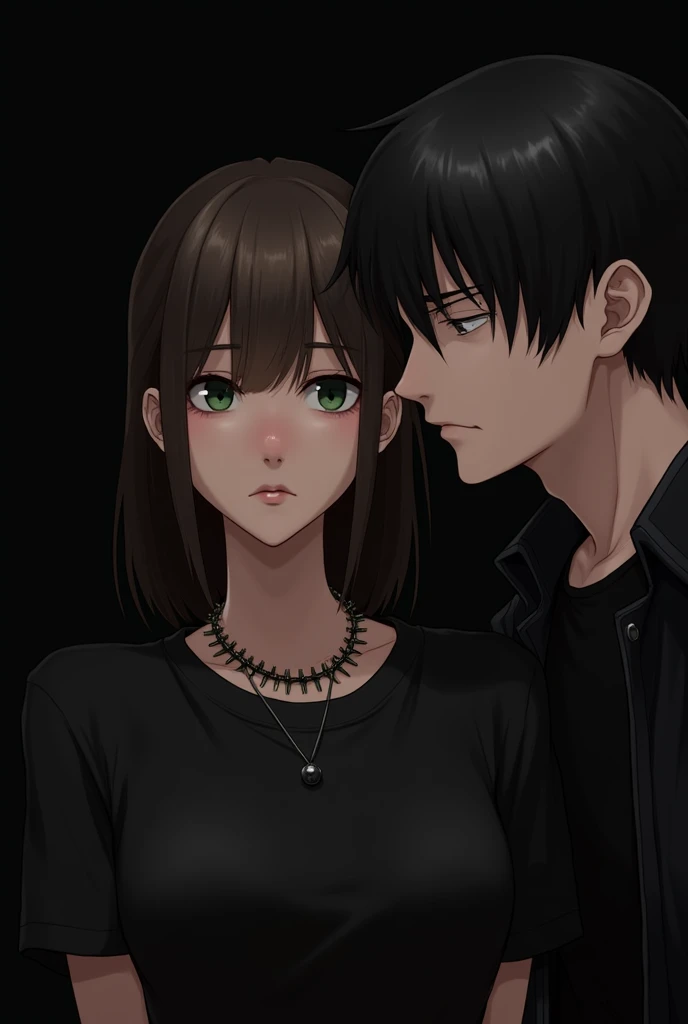 (Close-up of a better masterpiece:1.5)0.9],This picture shows two individuals standing close together, A woman (look at the camera) dark brown hair,wearing a black t-shirt, spike necklace leaning against a black haired man  ,wearing a black t-shirt, black ...