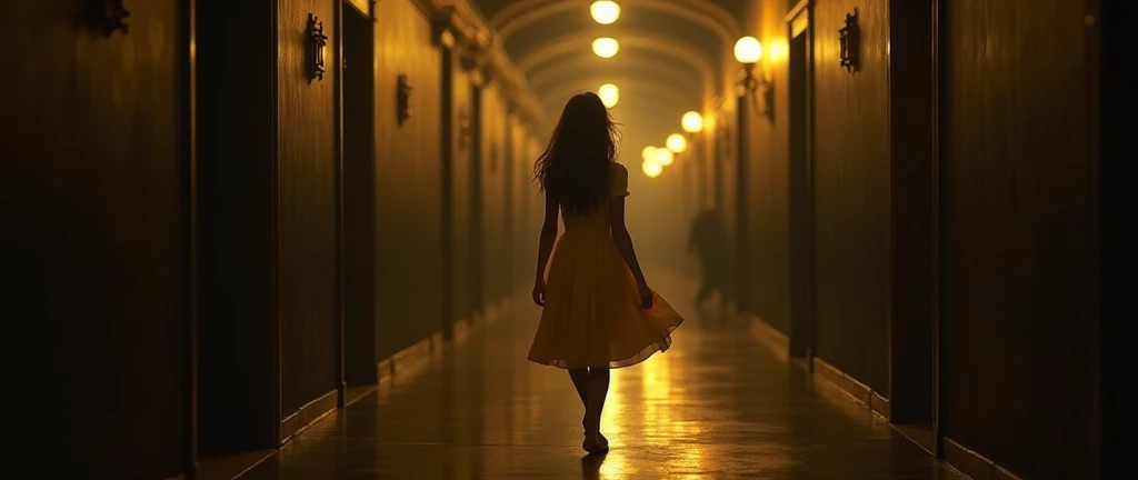 Create an image of a beautiful Spanish teenage girl, seen from behind, walking down a long, dimly lit hallway at night. She is wearing a flowing yellow dress that softly sways as she moves. The corridor is lined with dark walls and old-fashioned lighting f...