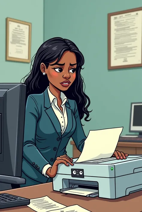 Black woman, with long straight hair, working in an office fighting with the printer with eyes that doesn&#39;t print and runs away , with an annoyed face, cartoon