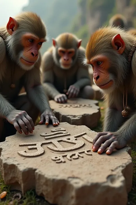 Vanaras writing “Shri Ram” on stones - A close-up of Vanara soldiers inscribing "Shri Ram" on stones, their faces filled with faith and devotion, as they prepare to drop them into the ocean.