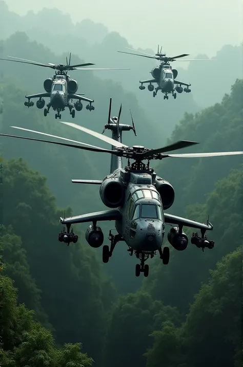 American military helicopters fly low over the forest, with noises and propellers breaking the silence, looking for target below."