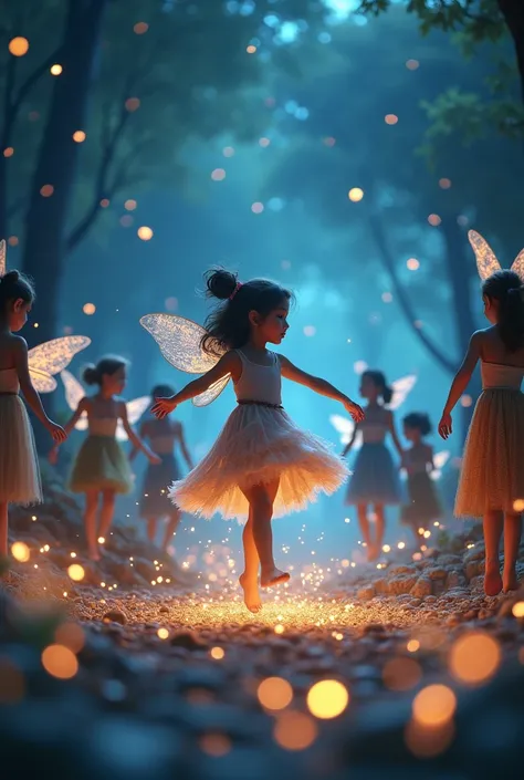 Dancing under twinkling stars in Fairyland: 
Young Meera dancing with the fairies under a night sky filled with bright, twinkling stars, while the ground sparkles beneath their feet in a magical glow.
Make cenimetric 3D rebdor image
