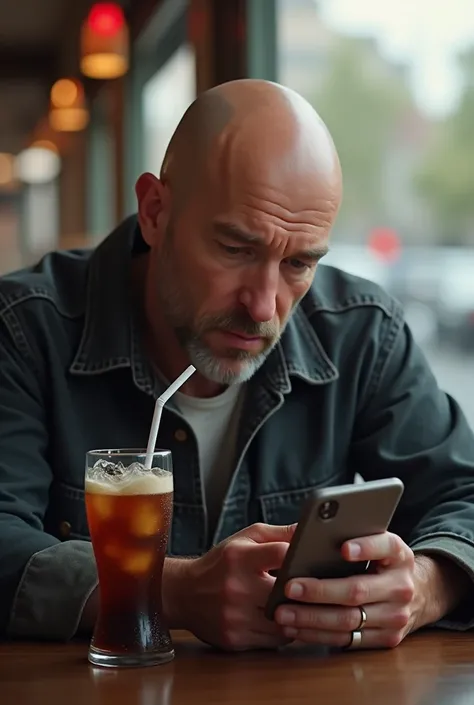 Bald guy looking at phone and drinking cola