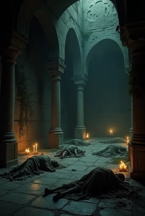 Inside a dark, ancient temple, lifeless bodies are sprawled across the cold stone floor, their skeletal remains draped in tattered, centuries-old clothing. The dim light from flickering candles casts eerie shadows on the walls, revealing cryptic symbols an...