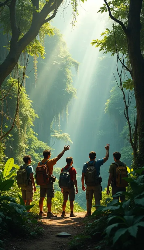 A group of adventurous explorers pointing towards the jungle in surprise