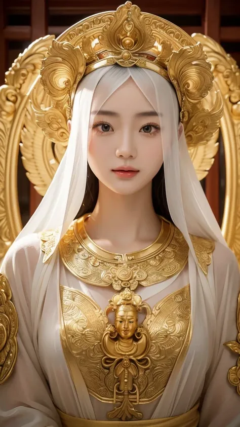 Delicate face，Exquisite facial features，Natural facial expression，Natural eyes，A Chinese woman about 30 years old, very rich, dressed like the journey to the West Avalokitesvara Bodhisattva, the head also exudes a golden halo