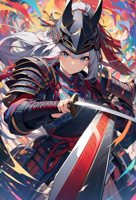 girl, Silver hair ponytail(colorful、abstract、Multicolored Hair:1.2)、Samurai Armor, Samurai Helmet, Cutting Sword ,
