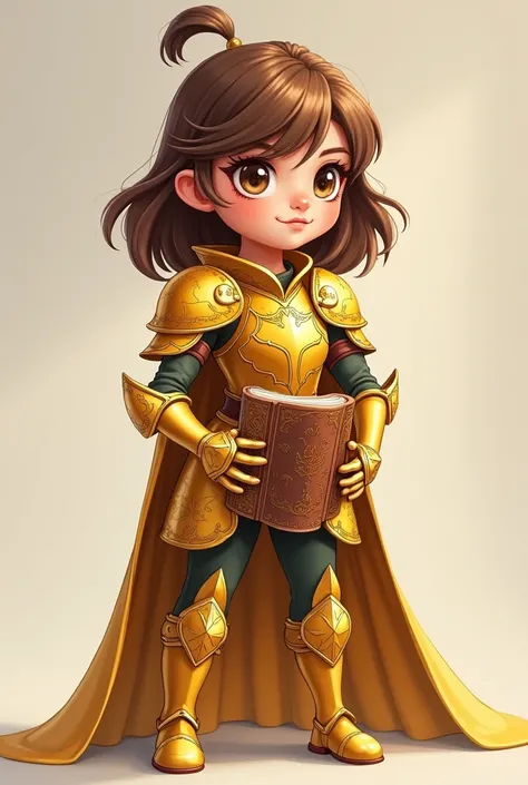 brown hair
 a cartoon litle girl in a gold armor holding a bible, girl in knight armor, with an armor and a crown, armor girl, rpg book portrait, princess portrait, portrait knights of zodiac girl, medieval princess, wearing gold armor, beautiful female pr...