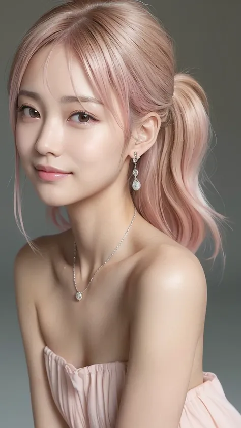 (((masterpiece))), ((photo realistic:1.55)),Japanese girl,,((broad jawline)),realistic skin, puffy face, no make up, low ponytail, ((Very light pink hair mixed with very light brown hair)),((messy hair)),Frowning, shy smile, navy tiered dress, earrings, si...