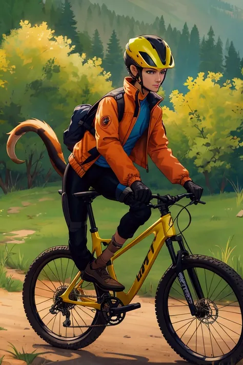 a weasel is riding a trail bike, wearing a jacket and helmet