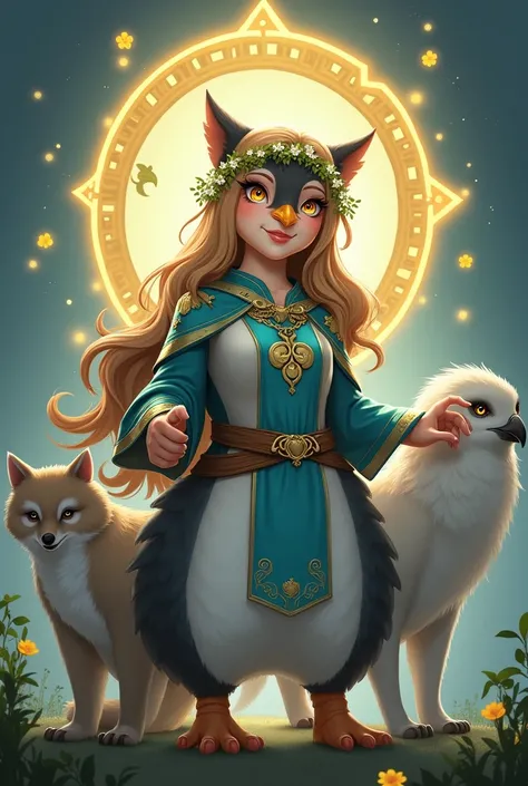 4D video game character that is a female penguin with long light brown hair and a garland, bright honey-colored eyes with long eyelashes, , It also has a golden arch decorated with a triskelion. His clothes are blue and gold, adorned with a clover. She is ...