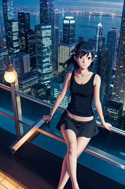 a girl wearing black top sitting on a skyscraper edge, by studio ghibli, city scenery, detailed illustration, official art, in the style of kawacy, graceful movement, nocturne, composed, hd wallpapers