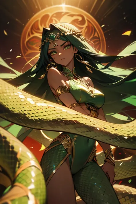 One woman、Mature woman、Deep green, straight, super long hair that reaches the floor、Dark brown skin、Snake scales on arms and thighs、Snake-eye patterned hair ornaments on both sides of the head、Persian Dancer、Persian Bazaar、((Best Quality))