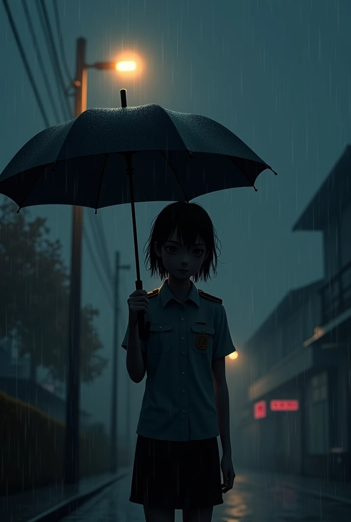 a marine student holding an umbrella in the rain under a light post and it’s evening 