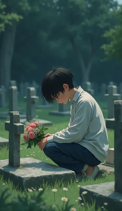 Create me an image of anime boy kneeling in front of a grave crying with flowers 