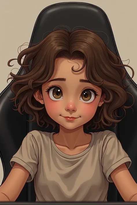 a girl sitting in a gaming chair,the photo is taken from your neck up,she has brown curly hair a little messy,she is brown and has some childlike features, the drawing is 1D