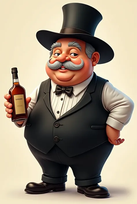 I want you to design a Quito-Euador chullita, to be the mascot of a liquor store and it must be a chubby and adorable old man with a mustache similar to Don Evaristo, It is a Quito icon, must have a black suit vest, a tall black hat, the black cloth pants,...