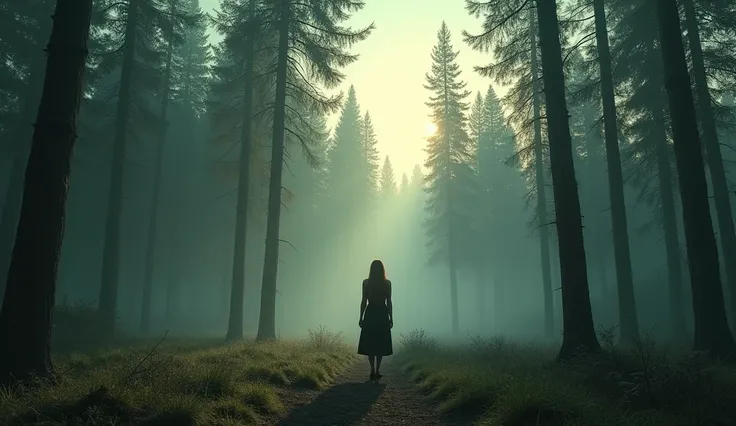  A panoramic shot of a dense, mist-covered forest at dusk, the towering pine trees casting long shadows. In the middle of the frame, a woman with long brown hair stands alone, her figure small compared to the overwhelming forest around her. The atmosphere ...