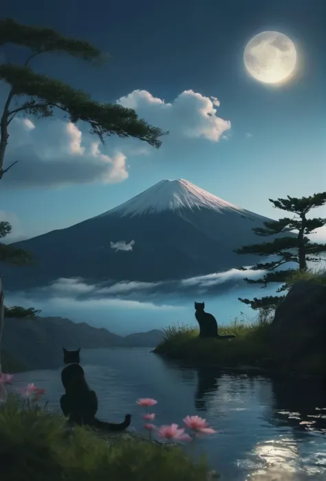 Surreal、Ultra-realistic、Ultra HD、4K、Cat watching the moon。Mount Fuji can be seen from the lakeside where silver grass grows.。Mount Fuji and Japanese style landscape、Dark Skies、