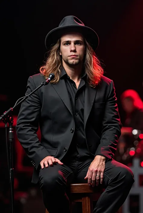 Create a portrait of a long-haired man in a formal hat and jacket.without a beard.A man sings into a microphone while sitting on a high bar stool on stage, facing the photographer close to the lens.