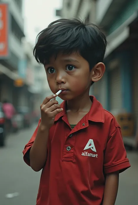 Indonesian boy with sad face  , use Alfamart clothes , smoking cigarete ,  lossing her job