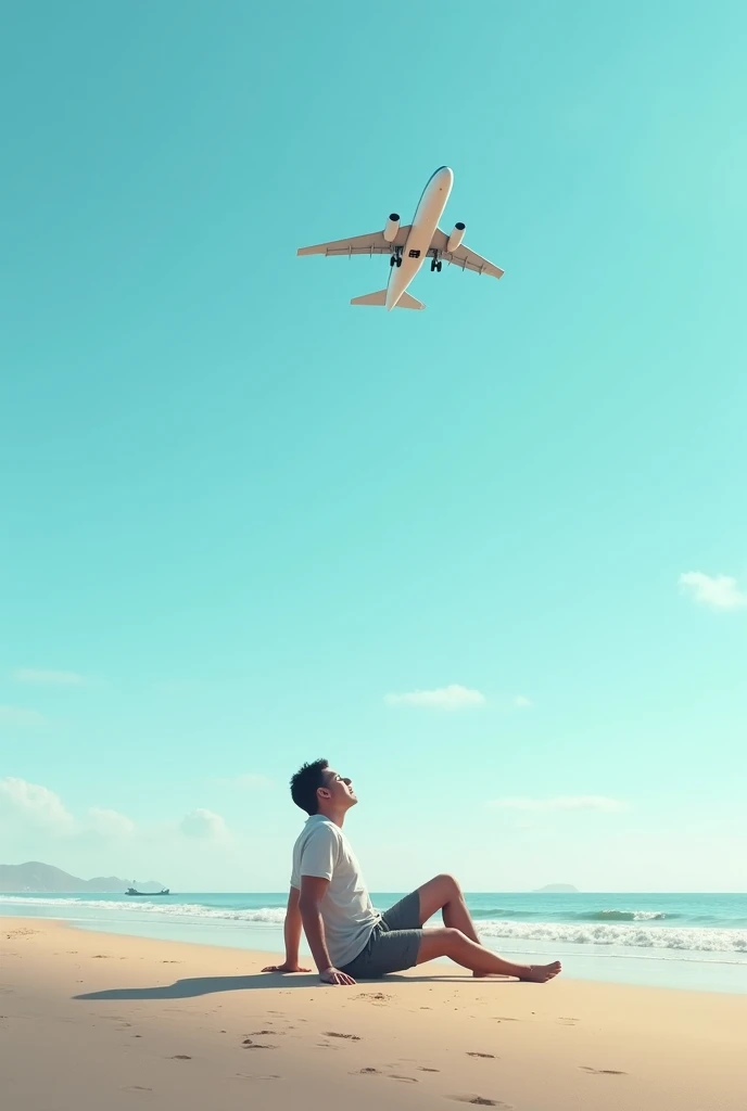 An airplane is flying in the sky, below is a man sitting on the sand, who is looking at the airplane."