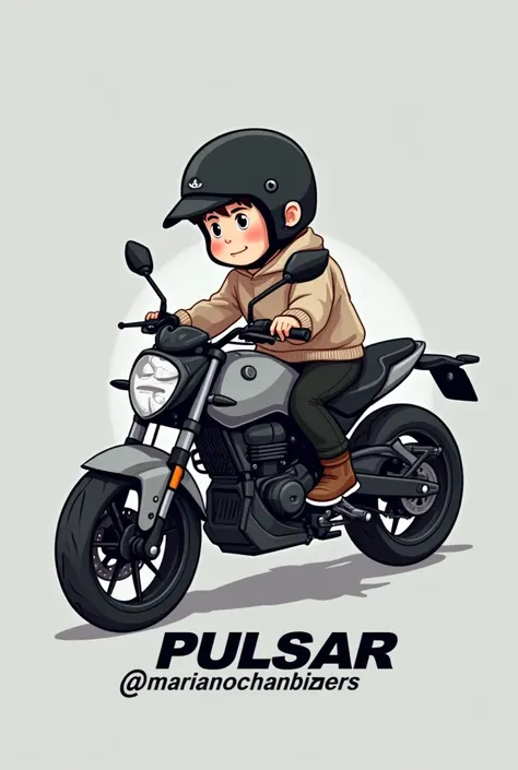 Create a logo of a boy sitting on a gray motorcycle of the brand pulsar the boy dressed in a sweater and black pants with a black helmet and at the bottom it says @ marianochanbikers