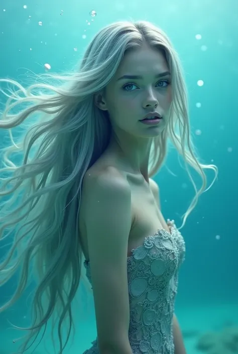 A (((beautiful Mermaid))) with (((long, sleek))) hair, and ((messy hair)) that flows gracefully around her face, framing a (((light blue ocean backdrop))), where shes poised elegantly in a (((full-body shot))), as if captured by a (((fantastical underwater...