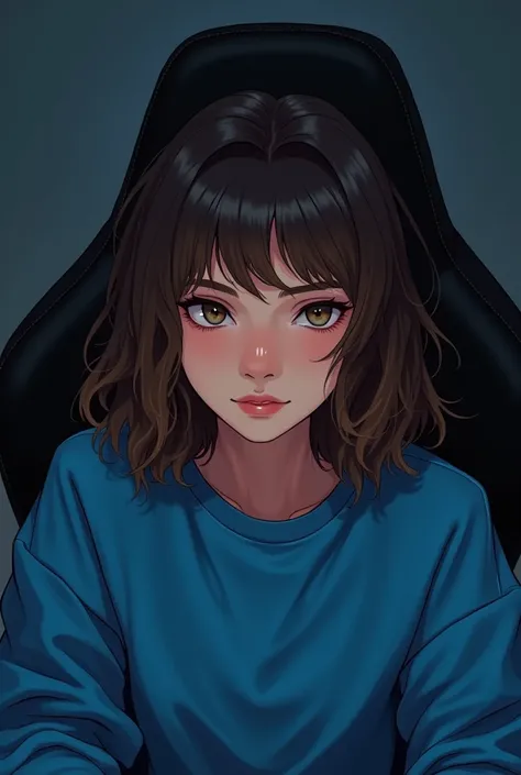 a masculine girl sitting in a gaming chair,the photo is taken from your neck up,She has slightly messy brown curly hair with bangs that cover her forehead.,she is wearing a blue sweatshirt,she is black and brown and has some childish features but she is a ...