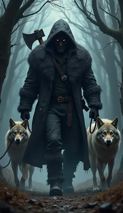 a hunter in the darkness of the forest, he is strong and wears an axe on his back, he has a black fur coat, he wears a wolf mask, he has two evil wolves next to him on a leash, he stares at me with a cold gaze as if he were going to hunt me down, the wolve...