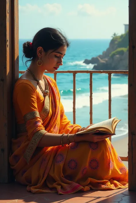 A Bengali woman wearing saree,  seat in floor of the belcony and read a book which was shomudro bilash by humayun ahmed, her backgroud sea beach