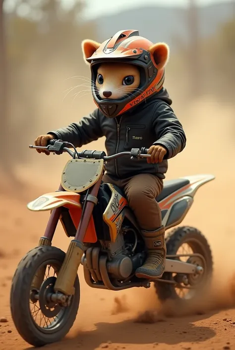 Logo a weasel is riding a motocross bike wearing a jacket and helmet