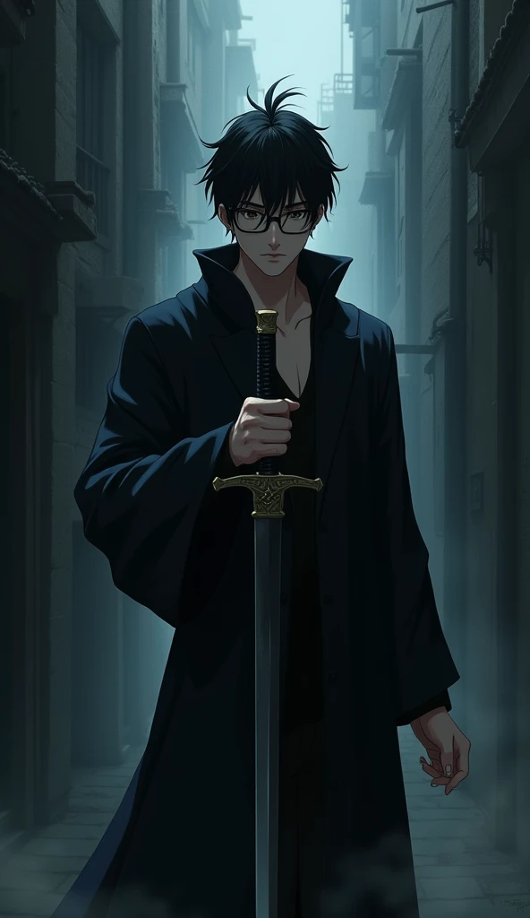 A picture of a quiet man with thinly cut black hair. Wearing square frame glasses, Square face shape, A small cut on his forehead, height 175 cm, ideal weight, Standing alone with sword in hand. Jet black robe, sharp gaze, but with a faint smile on his fac...