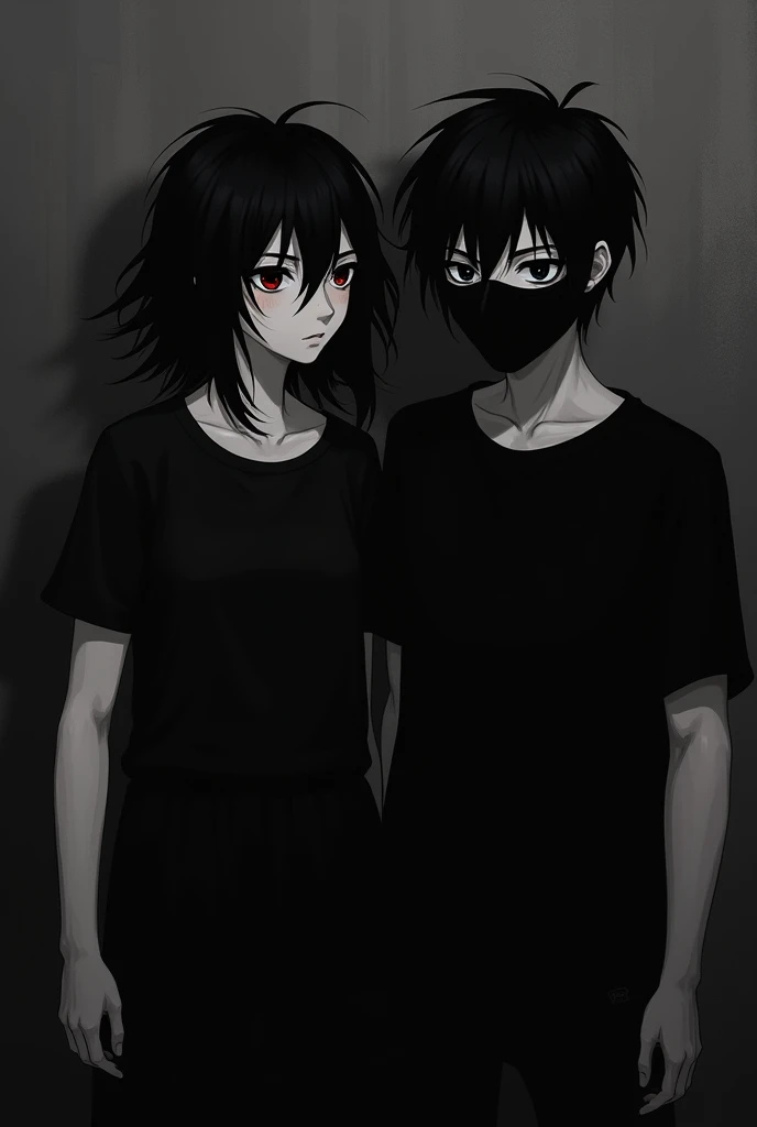 Dark hair, shaggy guy. He is wearing a black mask that covers half of his face and is wearing a black T-shirt. In black and white style. Hes standing with a girl. She looks the same as the guy
