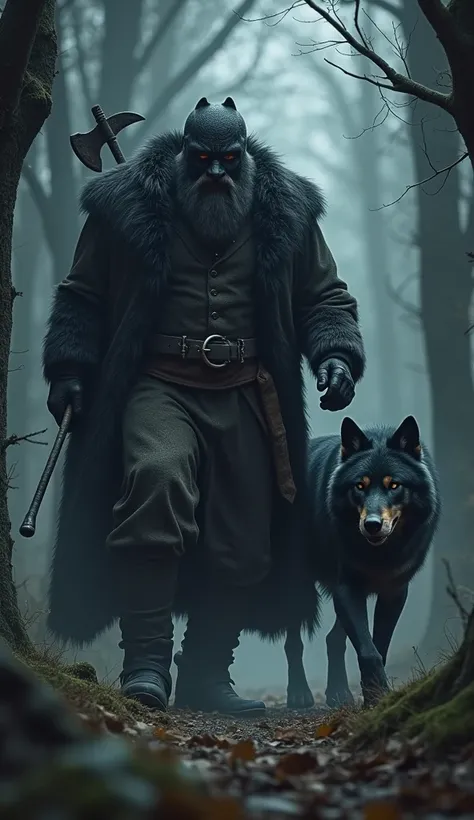 a hunter in the darkness of the forest, he is strong and wears an axe on his back, he has a black fur coat, he wears a wolf mask, he has two evil black wolves, fierce wolves, he stares at me with a cold gaze as if he were going to hunt me down, the wolves ...