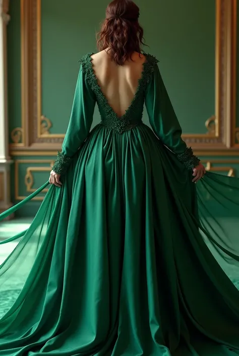 An emerald coloured satin gown with long flowy sleeves