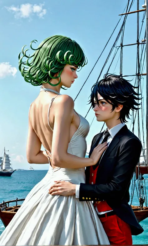 (Ryuko Matoi, age 25. hyper realistic, in her battle form) is defensive and blushing. Tatsumaki (onepunch man character, iconic dress, age 25) is leaning in to smooch Ryuko, ship  yard