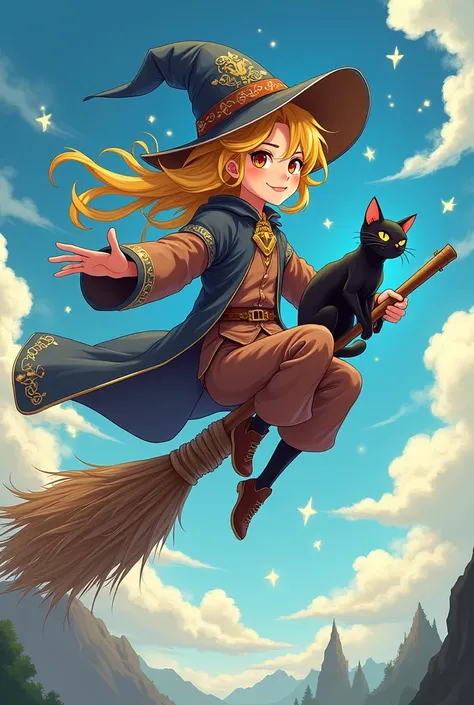 Blonde wizard teenager with a black cat and flying on an anime-style broom 