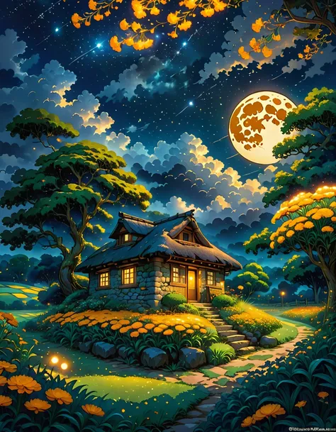 wide view, an old stone hut, in the middle of marigold field, full moon hidden behind clouds, moonlight falling on foliage, long grass, starry sky, a big tree behind, magical night, fireflies, lofi, vibrant tones, no one, moody weather, beautiful night sky...