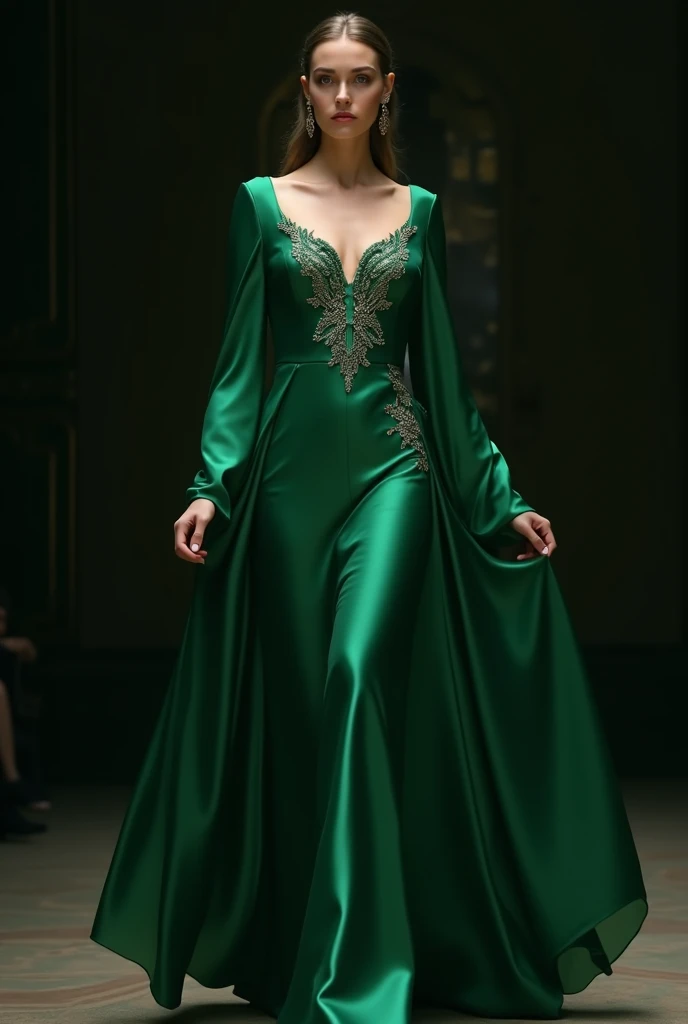 An emerald coloured satin gown with long flowy sleeves  with front designs