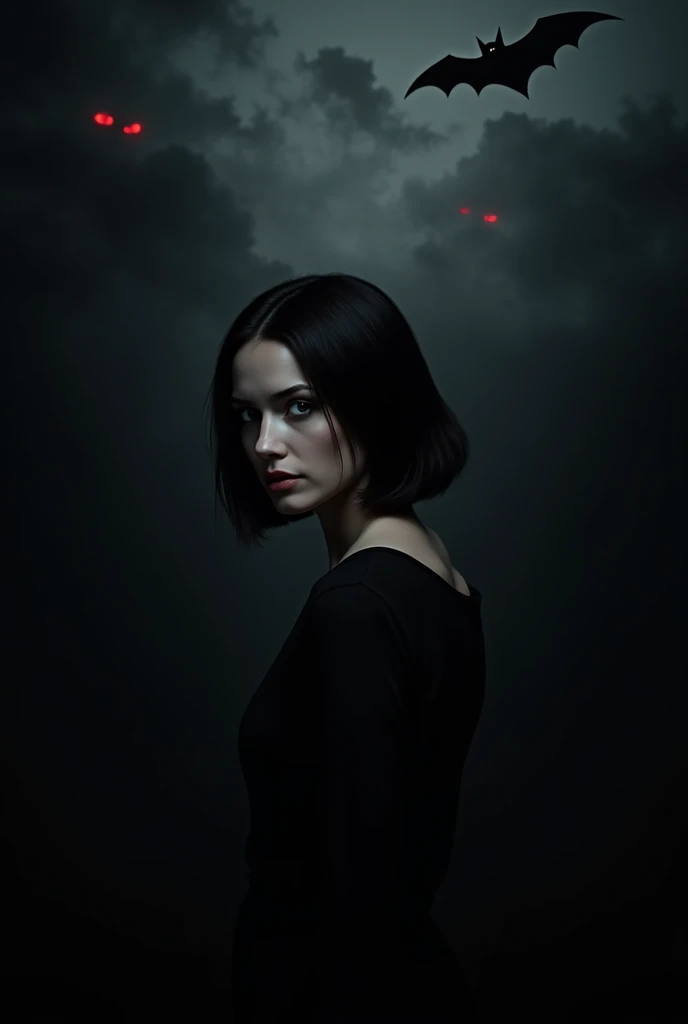  Dark and intriguing image, With a woman in the center, short shoulder length hair, staring at the viewer with intensity. The background is completely black, imbued with a mysterious tone, as a night sky stretches above, full of dark clouds that give an au...