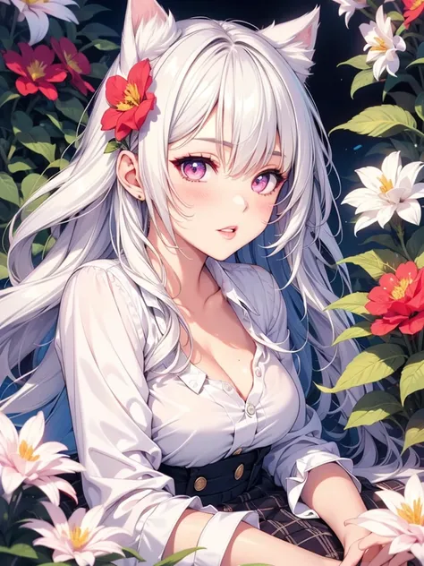 Cat ear, a woman with long silvery white hair, pale pink lips,intellectual, pink eyes, 1 girl, beautiful detailed eyes, beautiful detailed lips, extremely detailed eyes and face, long eyelashes, flower garden, lying down, shirt, skirt