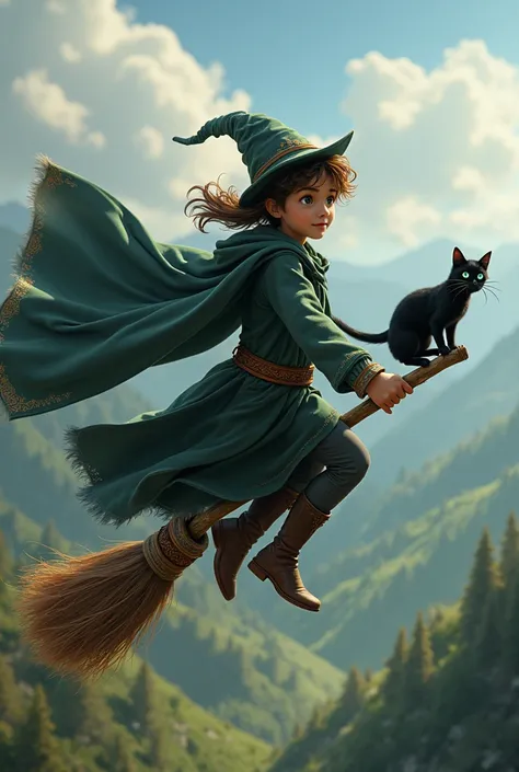 Teenage wizard with a black cat and flying on a broom 