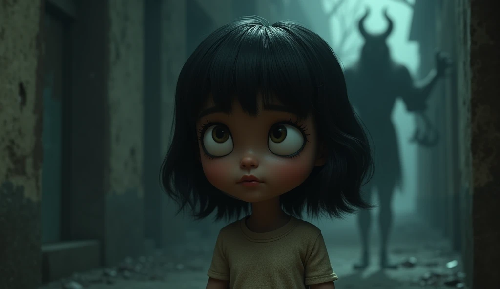 In cinematic 3d cartoon style “ chhoti kaali ladki jiske picche kali churail hai, written as chhoti churail ki kahani