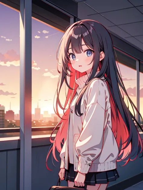 Sunset, city, mall, long-haired girl