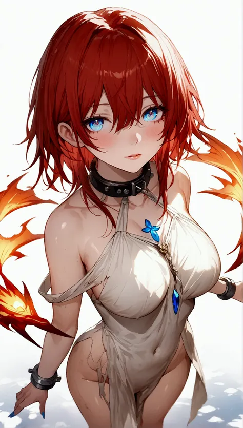 (Masterpiece. The best quality. 8K. Sharp focus. Depth of field, The best shadows. Perfect lighting. HDR. Realistic skin texture. Ultra-detailed background. Detailing). Anime style. Honkai: Star Rail. 1 girl. March 7. Slave. Fiery red hair. Short hair. Bea...