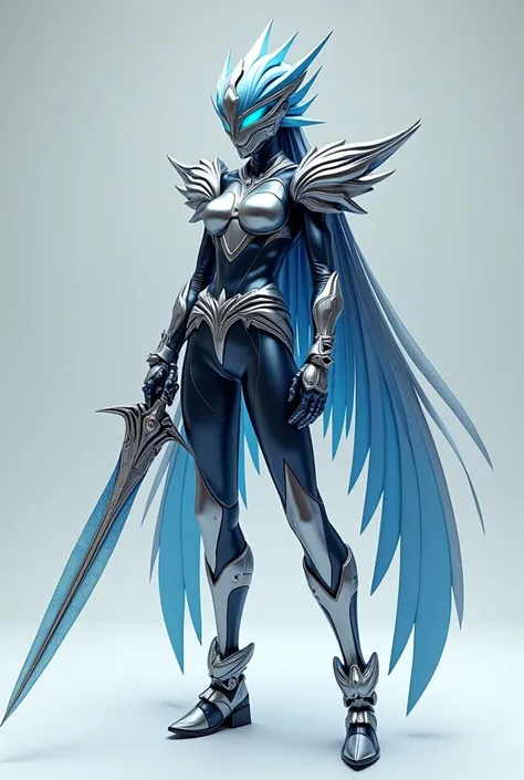 Designing a Kamen Rider out of wood.。The motif is「Falcon」in、The body emphasizes sharp and slim lines.。Japan woman face、Eyes are long and clear.。The transformation belt also has a sharp design in blue lines and the weapon is a sword、Feather-like design、Plea...