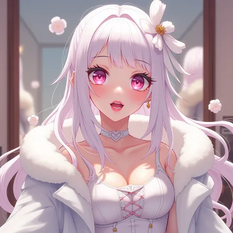 Make an anime style woman with white channel hair, square demarked bangs, pink mature eyes, confident and happy expression, shiny lips, fluffy white coat and white cotton adornments in her beautiful clothes, dressing room background, model pose